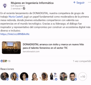Núria Castell moderant la taula rodona del llançament de DONADIGITAL – Font: [Publicació original a LinkedIn](https://www.linkedin.com/feed/update/urn:li:activity:7371564222822039552/)